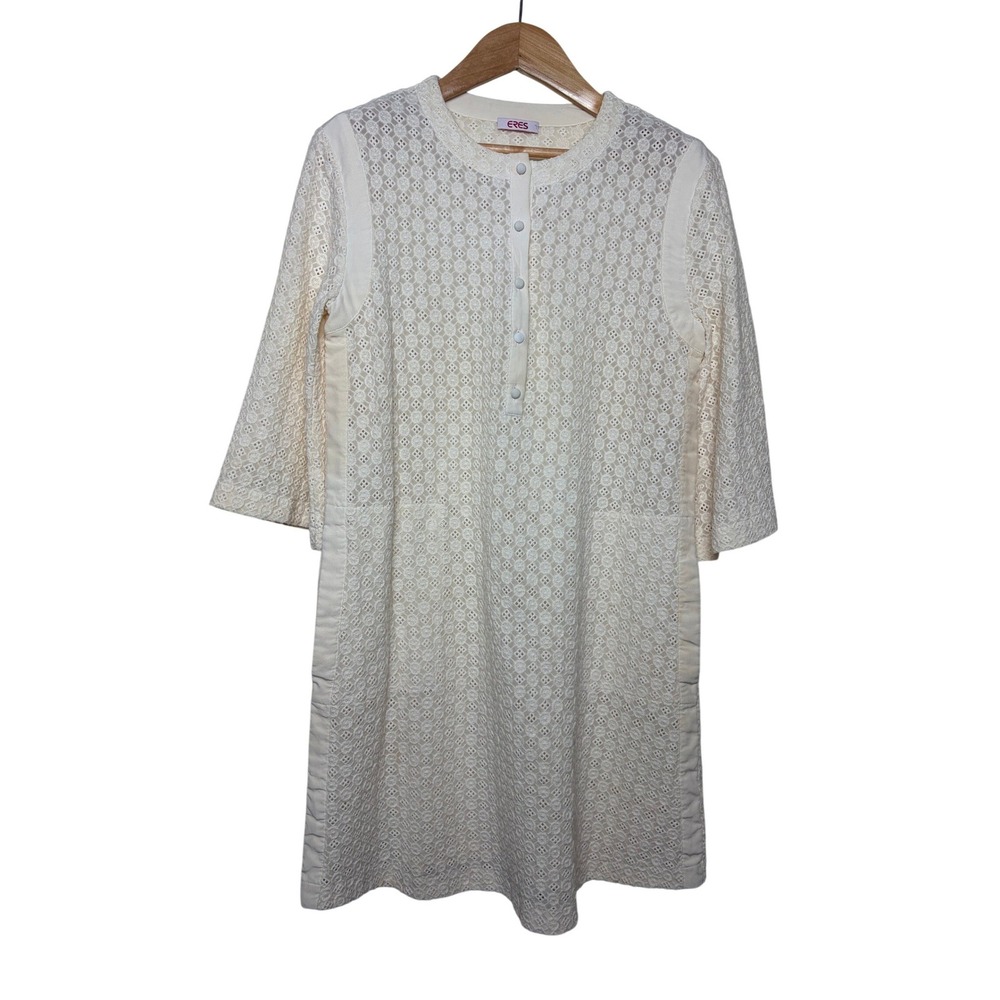 Eres Cream Eyelet Lace Button Front Shift Dress 3/4 Sleeve Size M/L